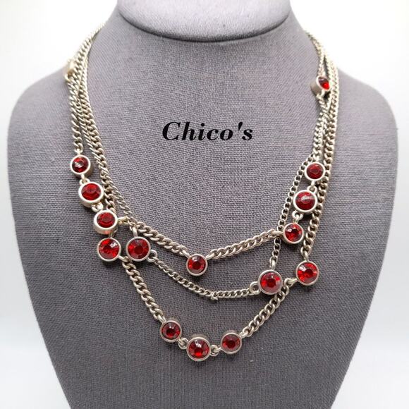 Chico's Red Rhinestone Necklace, Three Strands, Gold Tone, 22 Inches - Picture 1 of 10